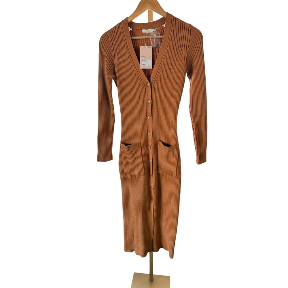 Lush Hazelnut Ribbed Knit Button Front Midi Dress Long Sleeve Pockets Size S